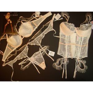 Victoria's Secret 36D BRA SET+GARTER CORSET BOW WHITE EMBROIDERED BRIDAL I DO